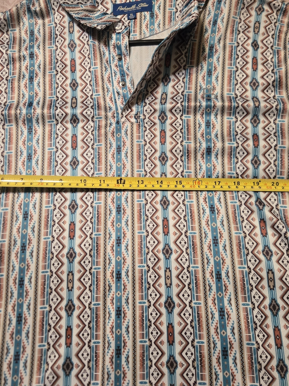 XL Panhandle Slim Teal, Brown & White Southwestern Polo Shirt - Picture 3 of 5